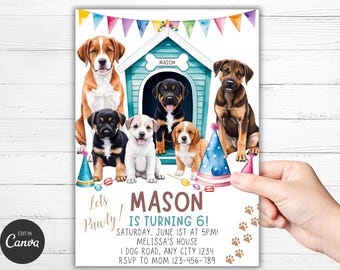 Peut inclure: Une invitation à une fête d'anniversaire avec une illustration aquarelle d'une niche bleue avec cinq chiens portant des chapeaux de fête. Le texte indique "Let's Pawty! Mason is turning 6! Saturday, June 1st at 5pm! Melissa's House 1 Dog Road, Any City 1234 RSVP to Mom 123-456-789"