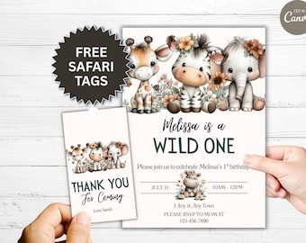 Safari Birthday Invitation Wild One Jungle Animals 1st Birthday Editable Digital Download