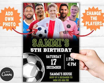 May include: A black and green soccer-themed birthday invitation with a large soccer ball in the foreground. The invitation says "Sammi's 5th Birthday" and includes the date and time of the party. The invitation also features a photo of a young boy with four soccer players in the background.