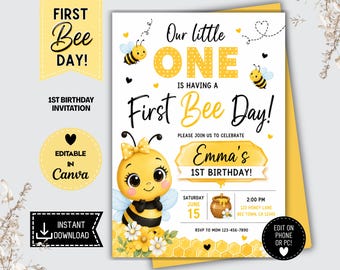 Bee First Birthday Invitation Template First Bee Day Invite Little Honey Bee Birthday Party Editable Canva Invitation