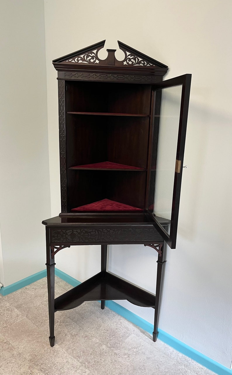 Antique Corner Display Dark Wood Finish Original Glass 1890s Etsy