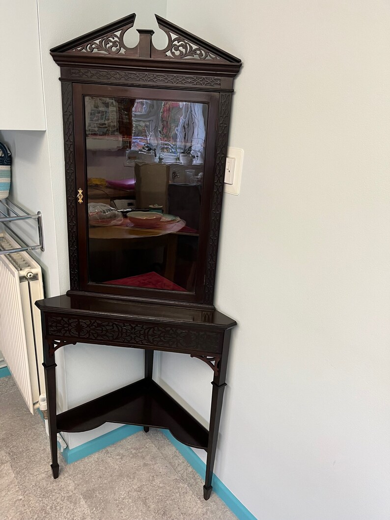 Antique Corner Display Dark Wood Finish Original Glass 1890s Etsy
