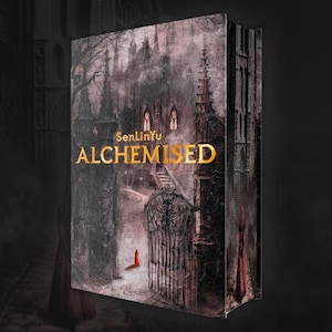 May include: A book titled "ALCHEMISED" by SenLinYu. The cover art depicts a gothic castle scene in shades of grey, brown, and red. A gate and a figure in a red cloak are also visible.