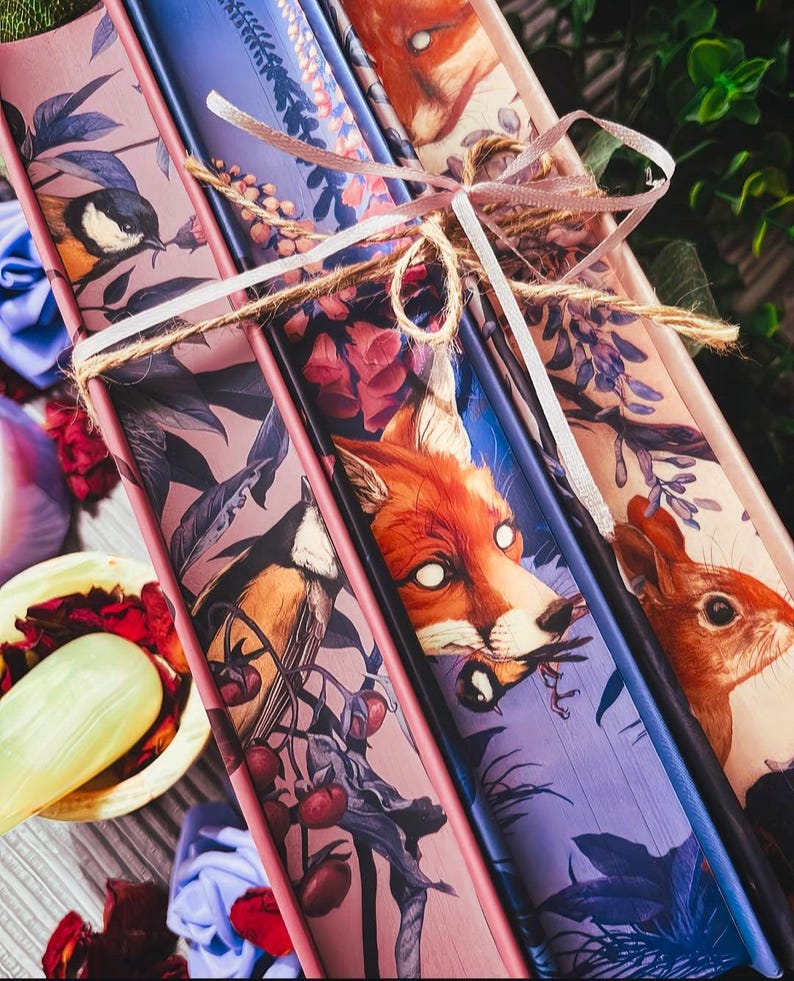 May include: A set of decorative book spines tied with twine and ribbon. The spines feature illustrations of a bird, a fox, and a squirrel, with floral and botanical elements in shades of pink, purple, and blue.
