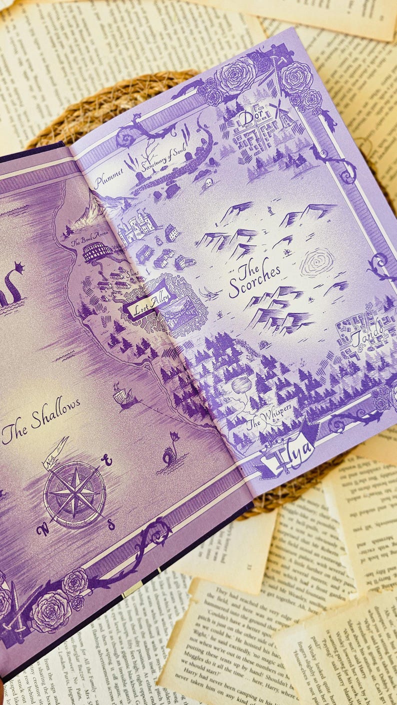 May include: A purple and white illustrated map of a fictional world with the names "The Scorches", "The Whispers", "Lost Alley", "The Shallows", and "Sanctuary of Souls" written on it.
