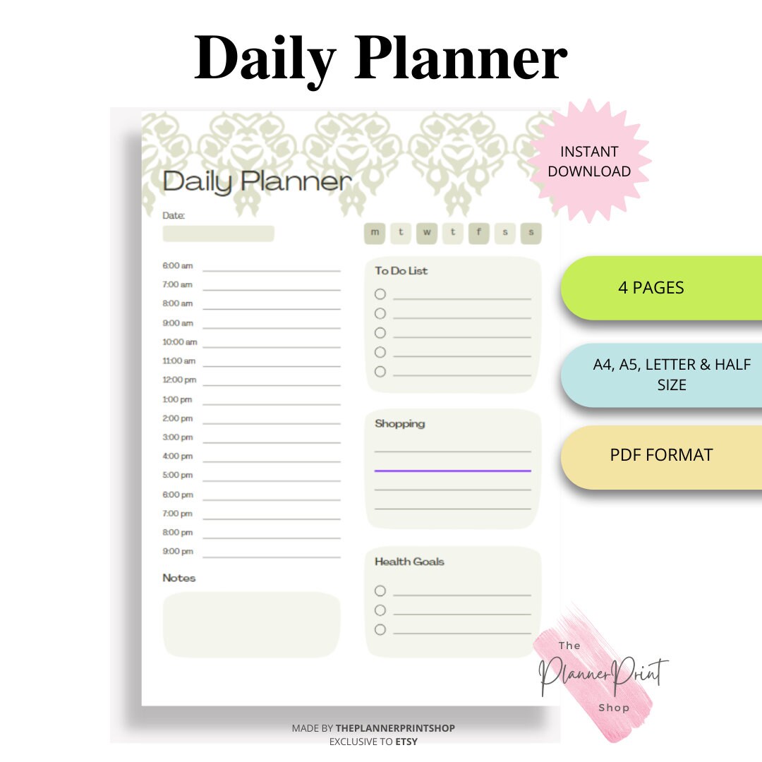 Sage Green Daily Printable Planner, to Do List, Schedule, Planner ...