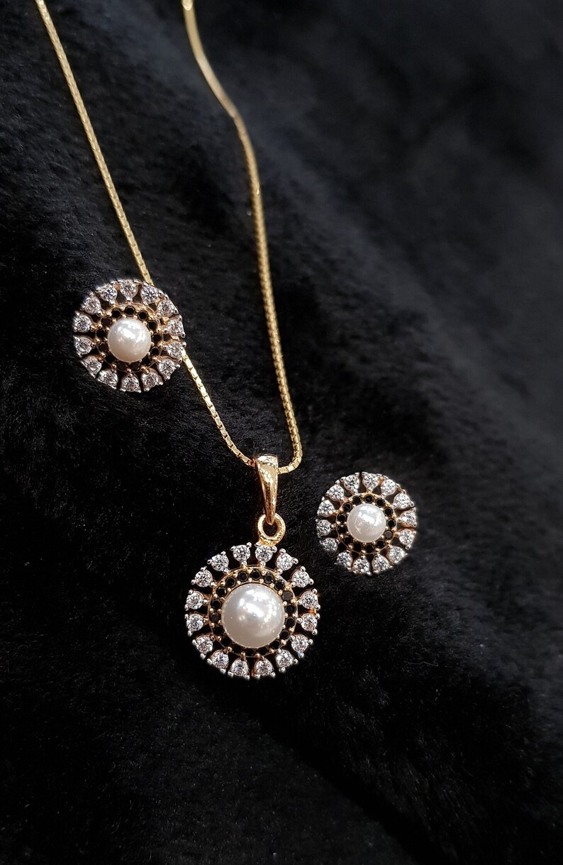 Pearl Pendant Set With Earrings Indian Pure Gold Jewelry for Wedding