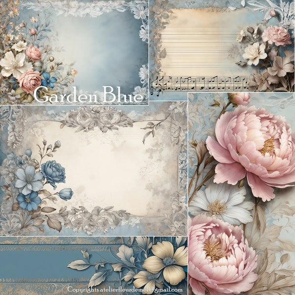Digital kit - Garden Blue - For quality craft creation, scrapbooking, junk journal, unique and individual gift
