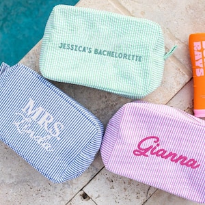 Embroidered Name Seersucker Makeup Bag, Beauty makeup bag, Monogramed Makeup Bag, Monogrammed Toiletry Bag, Bridesmaid Makeup Bag