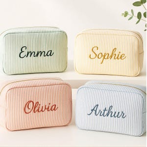 Embroidered Name Seersucker Makeup Bag, Beauty makeup bag, Monogramed Makeup Bag, Monogrammed Toiletry Bag, Bridesmaid Makeup Bag
