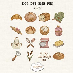 Puede incluir: Colección de diseños ilustrados con temática de panadería, que incluyen un cruasán, una hogaza de pan, un rodillo, un rollo de canela, una galleta, una magdalena, un guante de horno, un delantal, un batidor, una espátula, una batidora, mantequilla, un rallador, juncos y pan. Texto: "in my sourdough era."