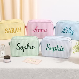 Embroidered Name Seersucker Makeup Bag, Beauty makeup bag, Monogramed Makeup Bag, Monogrammed Toiletry Bag, Bridesmaid Makeup Bag