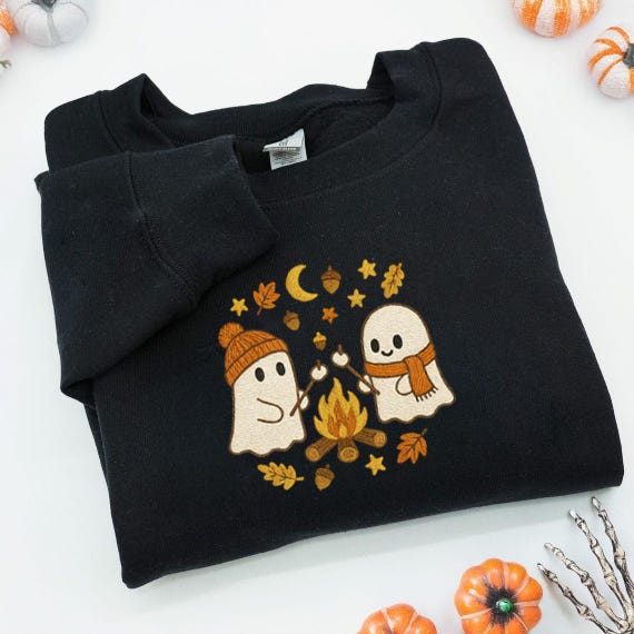 Embroidered  Cute Ghosts Camping Embroidered Sweatshirt, Spooky Season Outdoors Gifts, Halloween Vintage Embroidery, Ghost And Pumpkin Shirt