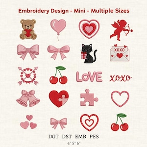 Puede incluir: Colección de diseños bordados con motivos de San Valentín y amor. Los diseños incluyen corazones, lazos, un oso de peluche, un gato con un regalo, cerezas y la palabra "LOVE". Los diseños están disponibles en tamaños de 10 cm, 13 cm y 15 cm.