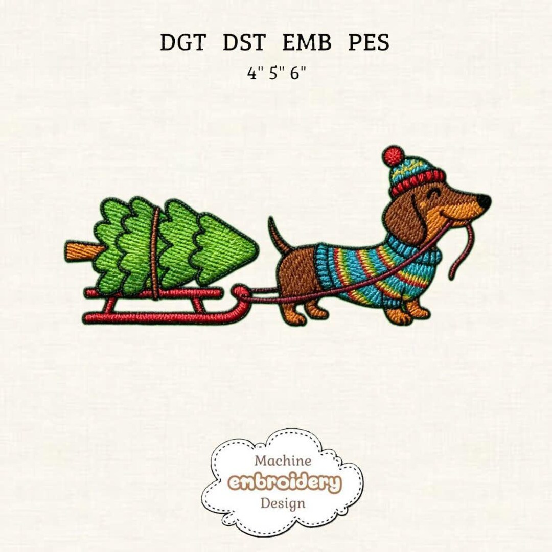 Christmas Dachshund Machine Embroidery Design, Dog With Sleigh and Tree ...