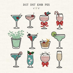 May include: An embroidered design featuring various cocktail glasses, each with unique embellishments like cherries, a bird, a candy cane, and a lime. The design includes the text "DGT DST EMB PES" and measurements of 4", 5", and 6".
