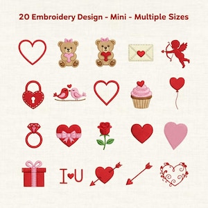 Puede incluir: Una colección de 20 diseños de bordado, que incluyen corazones, osos de peluche, un cupido, un anillo, una rosa, una caja de regalo y el texto "I ❤️ U". Los diseños son en rojo, rosa y marrón.