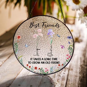 Friendship Stained Glass Suncatcher, Personalized Best Friends Window Hanging, Birth Month Flower Decor, Sisters Gift,Besties Birthday Gifts