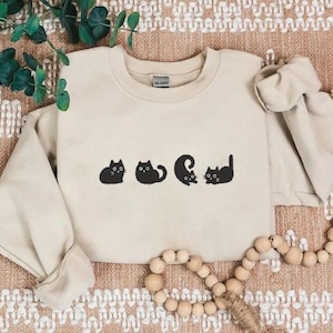 Lovely Black Cat Embroidered Sweatshirt, Embroidered Crewneck Sweatshirt, Holiday Gifts, Gifts For Her, Gift for Cat Lover