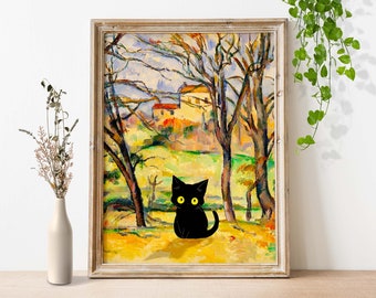 Cute Cat Poster, Paul Cézanne Trees and Houses, Black Cat Print, Cartoon Cat Poster, funny kitten Wall art, Adorable Kitty Wall Art