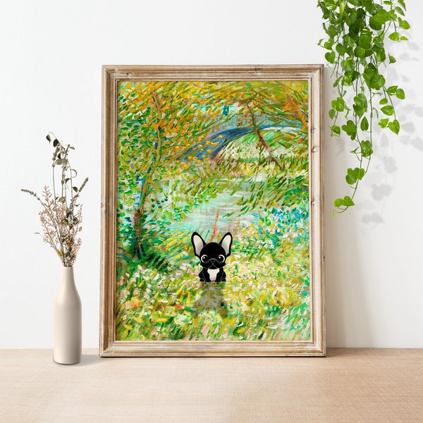 French Bulldog Print, Van Gogh River Bank in Springtime, digital artwork, little frenchie puppy, Wall Art