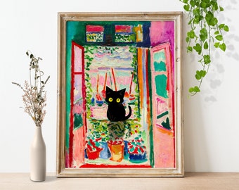 Cat Print Artwork, Matisse Open Window, Black Cat Poster, funny kitten picture, Cartoon Cat Wall Art