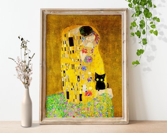 Cat Print, Gustav Klimt The Kiss, Black Cat digital artwork, Funny Gift, Boho Wall Art Nouveau