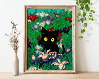 Cat Print Artwork, Kawase Iris FLowers, Black Cat, Cartoon Cat Poster, funny kitten Wall art, Cute Anime Cat Wall Art