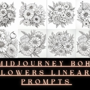 boho flowers lineart midjourney prompts | midjourney prompt guide ai art prompts ai prompt list ai prompt ai image prompt coloring book page