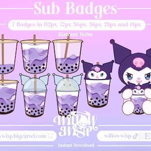 Könnte beinhalten: Sieben lila und weiße Boba-Tee-Sub-Badges mit Kuromi, einem beliebten Sanrio-Charakter. Die Badges sind in sechs verschiedenen Größen erhältlich: 112px, 72px, 56px, 36px, 28px und 18px.