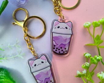 Llavero de té de burbujas con leche y boba de taro con forma de gato blanco / Colgante de té de burbujas de taro / Llavero kawaii de gato / Accesorio estético / Accesorio para amantes de los gatos