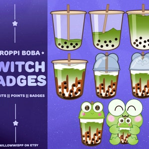 Groda Keroppie Boba Sub Badge, Discord Roller Bits, Söt Boba Channel Point, Boba groda Emote, Point Emote, Tapiokapärlor, Bubble Tea, Keroppie