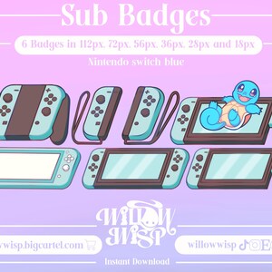 May include: Six digital badges featuring a blue Nintendo Switch console in various sizes, ranging from 18 pixels to 112 pixels. The badges are designed for use on social media or as profile pictures.