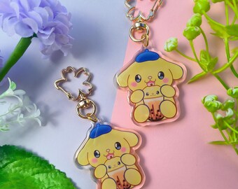 PomPom Pudding Pup Boba Keychain | Yellow Bubble Tea Charm | Cute Kawaii Keyring | Cute Aesthetic Accessory | Sweet Dessert Puppy Accessory