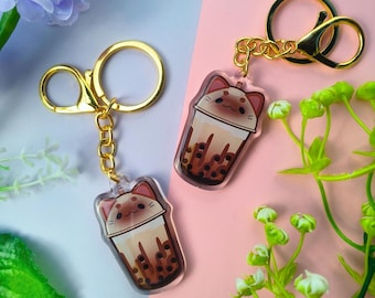 Llavero Boba de gato siamés marrón / Colgante de té de burbujas de azúcar moreno / Llavero de gato kawaii / Accesorio estético adorable / Accesorio para amantes de los gatos