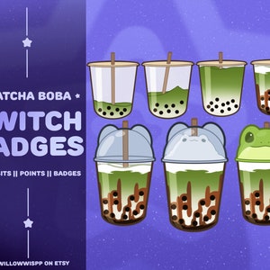 Könnte beinhalten: Satz mit 6 Twitch-Badges, die verschiedene Variationen eines grünen Matcha-Boba-Getränks mit braunen Tapiokaperlen zeigen. Die Badges sind im Cartoon-Stil gestaltet und zeigen einen Frosch, eine Katze und ein einfaches Tassen-Design.