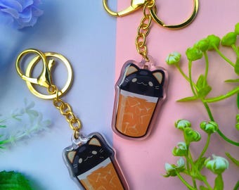 Llavero de gato negro con boba de café helado / Colgante de té de burbujas de café / Llavero kawaii de gato / Accesorio estético / Accesorio para amantes de los gatos