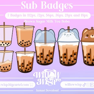 Badge secondaire Boba sucre roux, Bits rôles discorde, adorable chaîne Boba, Emote Boba Bear, Ours brun, Emote Point, Perles de tapioca, Bubble Tea