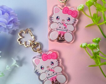 Hello Bow Kitty Boba Keychain | Pink Red Bubble Tea Charm | Cute Kawaii Keyring | Cute Aesthetic Accessory | Sweet Bow Kitty Accessory