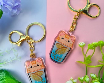 Llavero de gato naranja con té de burbujas / Colgante de té de burbujas con zumo efervescente / Llavero de gato kawaii / Accesorio estético / Accesorio para amantes de los gatos