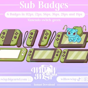 May include: Six green Nintendo Switch badges in various sizes, including 112px, 72px, 56px, 36px, 28px, and 18px. The badges feature a cartoon image of a green and brown Nintendo Switch console with a blue Pokemon character on one of the badges.