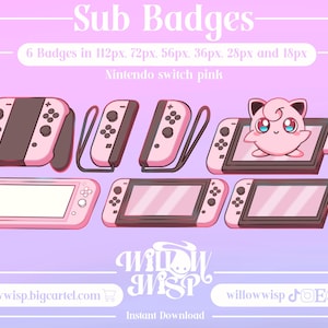 May include: Six pink Nintendo Switch console badges in various sizes, from 18 pixels to 112 pixels. The badges feature a pink and brown Nintendo Switch console with a pink background. The text "Sub Badges" is at the top of the image, and the text "Nintendo Switch Pink" is below the badges. The text "willowwisp.bigcartel.com" is at the bottom left of the image, and the text "willowwisp" is at the bottom right of the image.