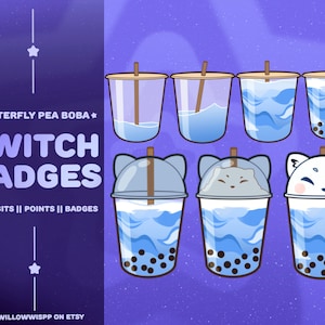 May include: Set of five Twitch badges featuring a blue and white butterfly pea boba drink with a cat face lid. The badges are in different stages of completion, showing the drink being filled with liquid and topped with boba pearls. The text "* BUTTERFLY PEA BOBA * TWITCH BADGES SUB || BITS || POINTS || BADGES" is at the top of the image.