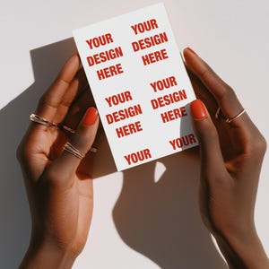 A6 Greeting Card Mockup, Angled Card in Hands, Luxury Minimal PSD Mockup, Warm Sunlight Paper Scene, Editorial Branding Display