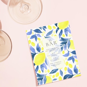 Modèle de menu de bar au citron Enseigne de menu de boissons aux agrumes Enseigne de bar en toile modifiable