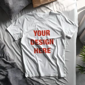 White T-Shirt Mockup Flat Lay, Realistic Shirt Mockup PSD, Clothing Brand Mockup, Apparel Display Template, Streetwear Mockup, Bedding Scene