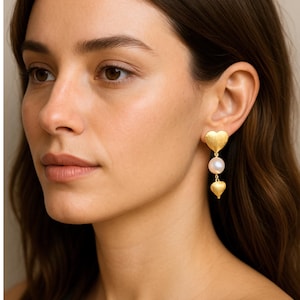 Two Hearts United Earrings: 18K Gold Plated, Dangle and Drop Pearl Earrings