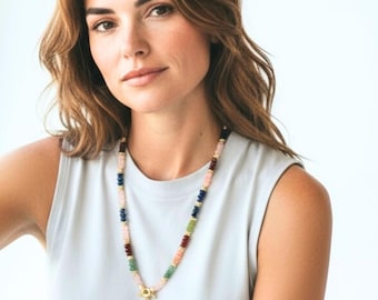 Long Pendant Necklace with Multi-Gemstones and Lapis Lazuli