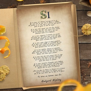 Peut inclure: Une impression de style vintage d'un poème intitulé "SI" de Rudyard Kipling. Le poème est écrit dans une écriture cursive sur un fond de parchemin avec une bordure décorative.