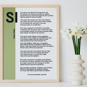 Peut inclure: Une affiche encadrée de vert avec un fond blanc et du texte noir. Le texte est un poème de Rudyard Kipling intitulé "Si". Le poème parle d'être une bonne personne et de faire face aux défis de la vie avec courage et grâce.